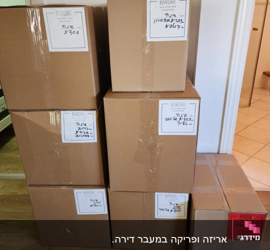 שישה קרטונים מסומנים עם תוויות על רצפת עץ